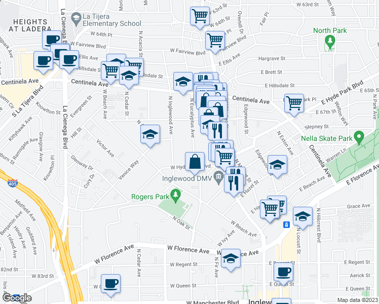 map of restaurants, bars, coffee shops, grocery stores, and more near 727 North Eucalyptus Avenue in Inglewood