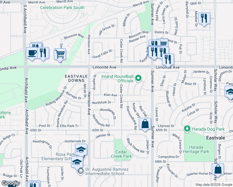 map of restaurants, bars, coffee shops, grocery stores, and more near 6386 Bodega Court in Corona