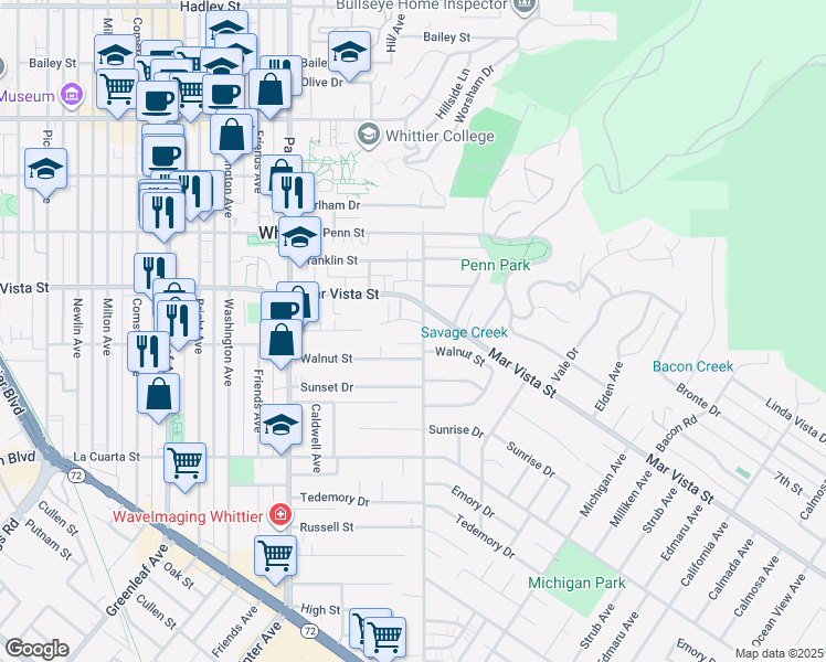 map of restaurants, bars, coffee shops, grocery stores, and more near 13750 Via Del Palma Avenue in Whittier