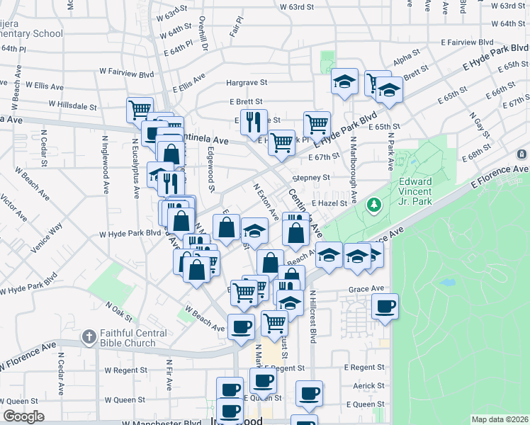 map of restaurants, bars, coffee shops, grocery stores, and more near 519 North Exton Avenue in Inglewood
