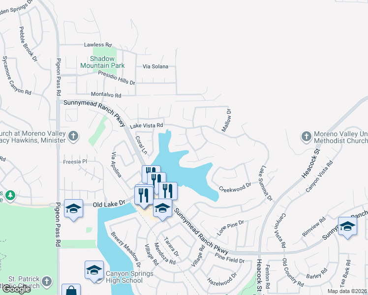 map of restaurants, bars, coffee shops, grocery stores, and more near 23663 Narcissus Circle in Moreno Valley