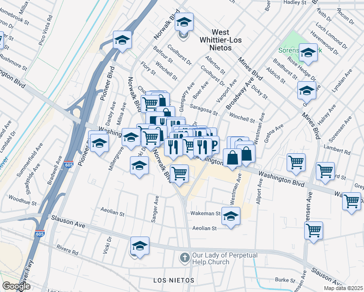 map of restaurants, bars, coffee shops, grocery stores, and more near in Whittier