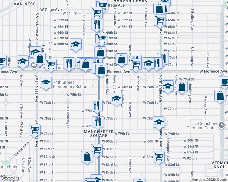 map of restaurants, bars, coffee shops, grocery stores, and more near 7415 Harvard Boulevard in Los Angeles