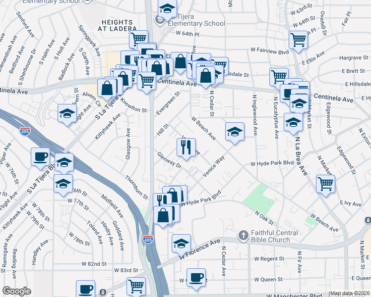 map of restaurants, bars, coffee shops, grocery stores, and more near 868 Victor Avenue in Inglewood