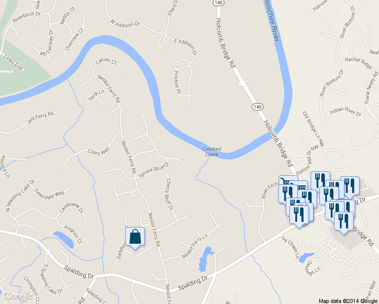 map of restaurants, bars, coffee shops, grocery stores, and more near 7205 Chattahoochee Bluff Drive in Atlanta
