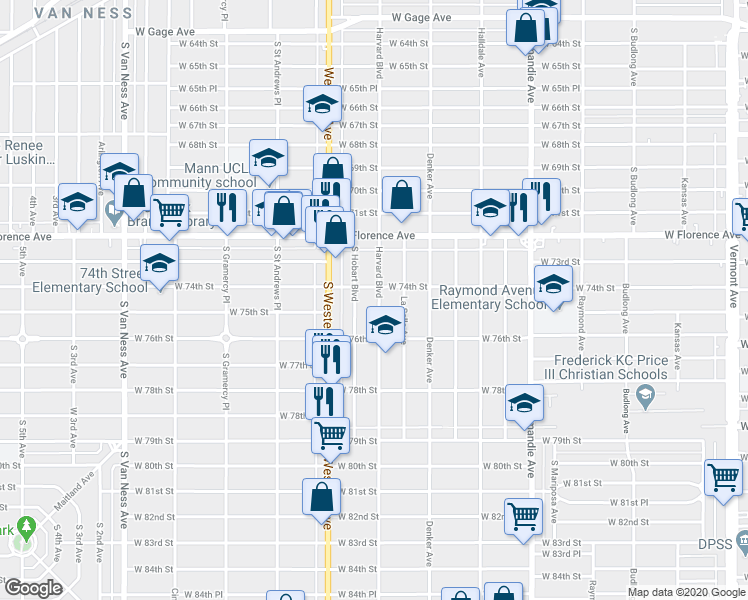 map of restaurants, bars, coffee shops, grocery stores, and more near 7415 Harvard Boulevard in Los Angeles
