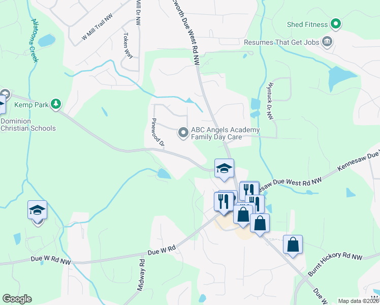 map of restaurants, bars, coffee shops, grocery stores, and more near 4070 Burnt Hickory Road Southwest in Marietta