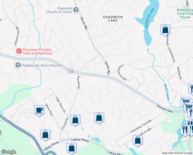 map of restaurants, bars, coffee shops, grocery stores, and more near 1442 Duluth Highway in Lawrenceville