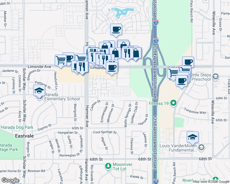 map of restaurants, bars, coffee shops, grocery stores, and more near 6384 Marbella Lane in Eastvale
