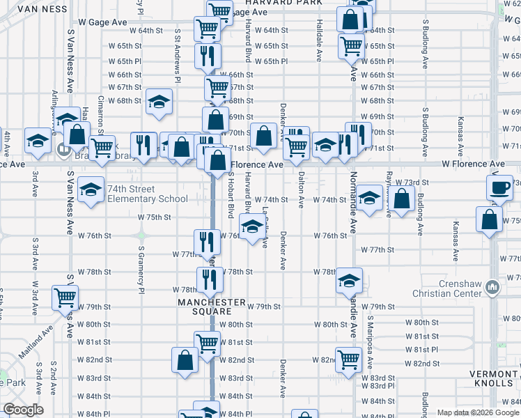 map of restaurants, bars, coffee shops, grocery stores, and more near 7426 Harvard Boulevard in Los Angeles