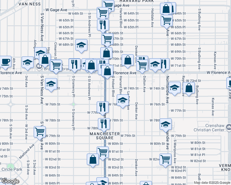 map of restaurants, bars, coffee shops, grocery stores, and more near 7427 South Hobart Boulevard in Los Angeles