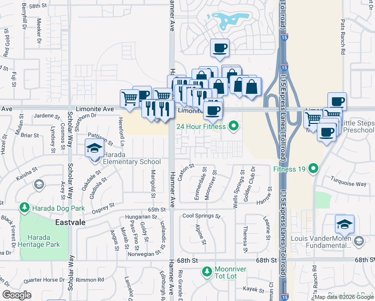 map of restaurants, bars, coffee shops, grocery stores, and more near 6366 Estrela Lane in Eastvale