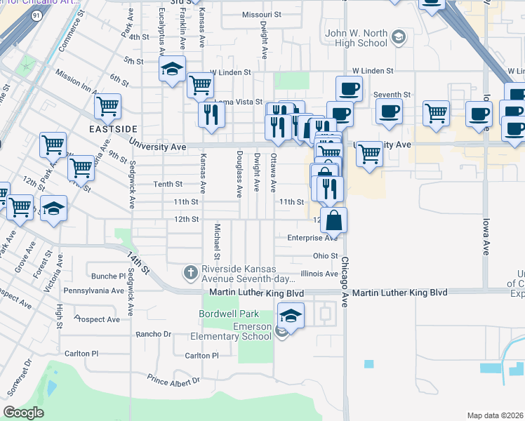 map of restaurants, bars, coffee shops, grocery stores, and more near 4187 Dwight Avenue in Riverside