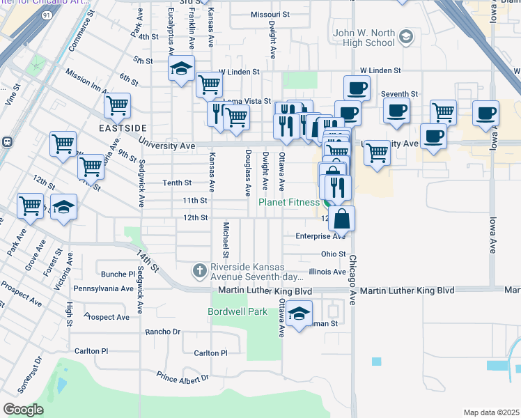 map of restaurants, bars, coffee shops, grocery stores, and more near 4187 Dwight Avenue in Riverside