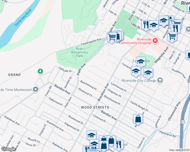 map of restaurants, bars, coffee shops, grocery stores, and more near 4274 Larchwood Place in Riverside