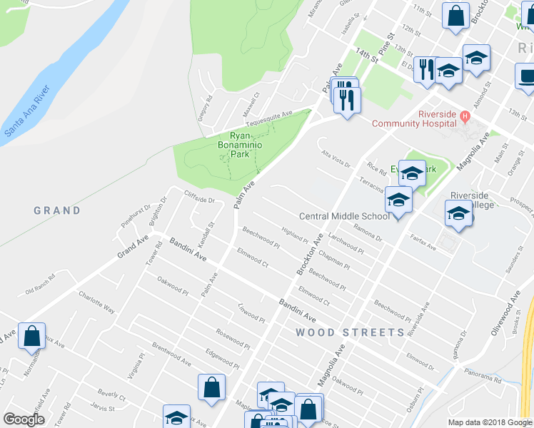 map of restaurants, bars, coffee shops, grocery stores, and more near 4391 Highland Place in Riverside