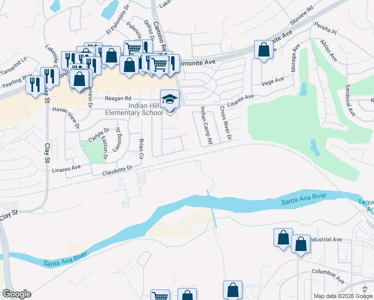 map of restaurants, bars, coffee shops, grocery stores, and more near 6621 Thunder Bay Trail in Riverside