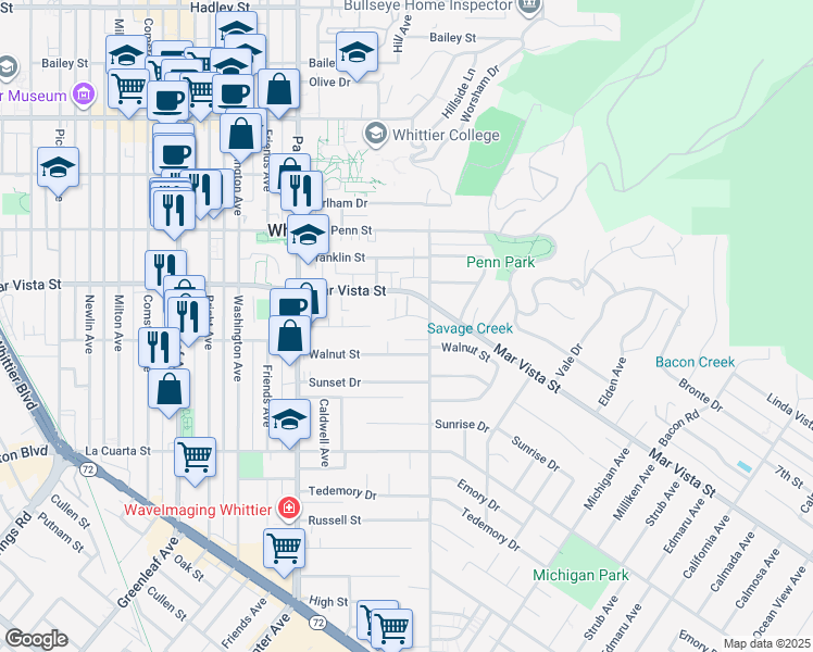 map of restaurants, bars, coffee shops, grocery stores, and more near 13709 Walnut Street in Whittier