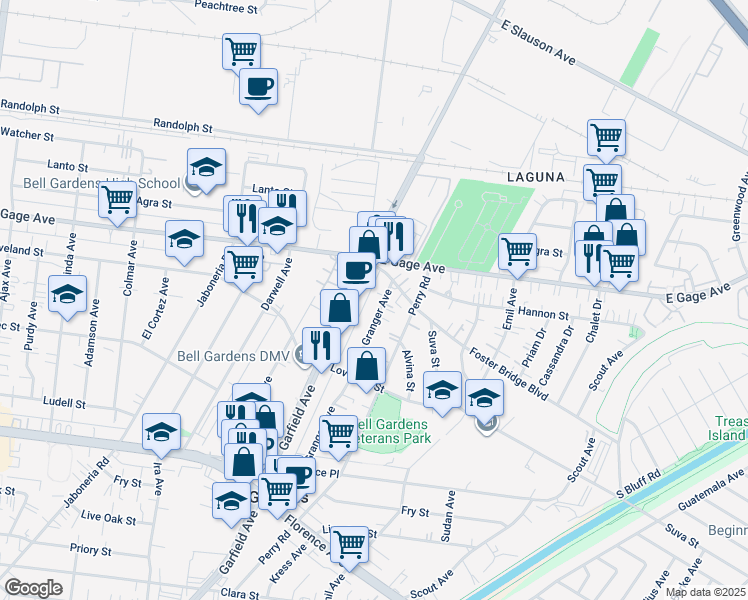 map of restaurants, bars, coffee shops, grocery stores, and more near 6632 Granger Avenue in Bell Gardens