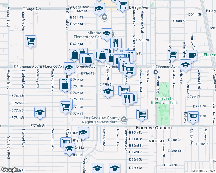 map of restaurants, bars, coffee shops, grocery stores, and more near 1333 East 76th Street in Los Angeles