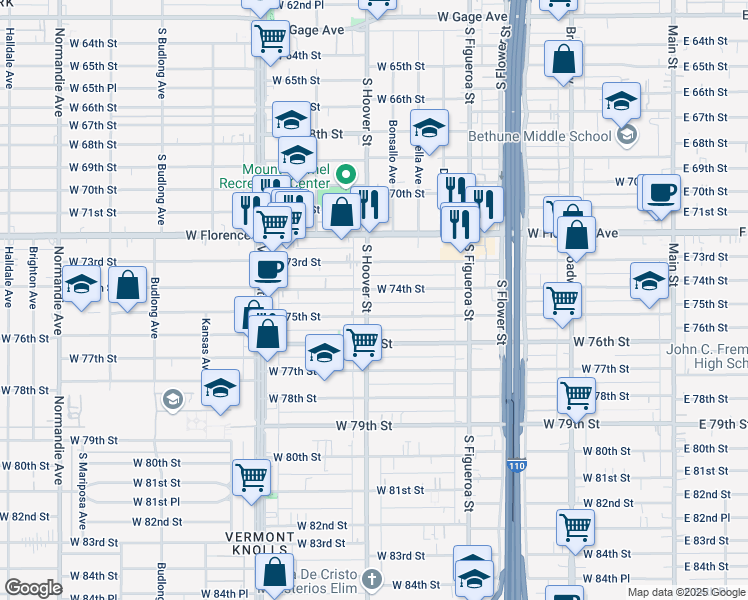map of restaurants, bars, coffee shops, grocery stores, and more near 7420 South Hoover Street in Los Angeles