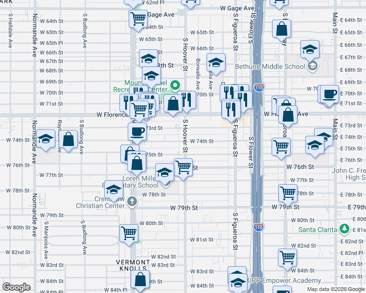 map of restaurants, bars, coffee shops, grocery stores, and more near 7420 South Hoover Street in Los Angeles