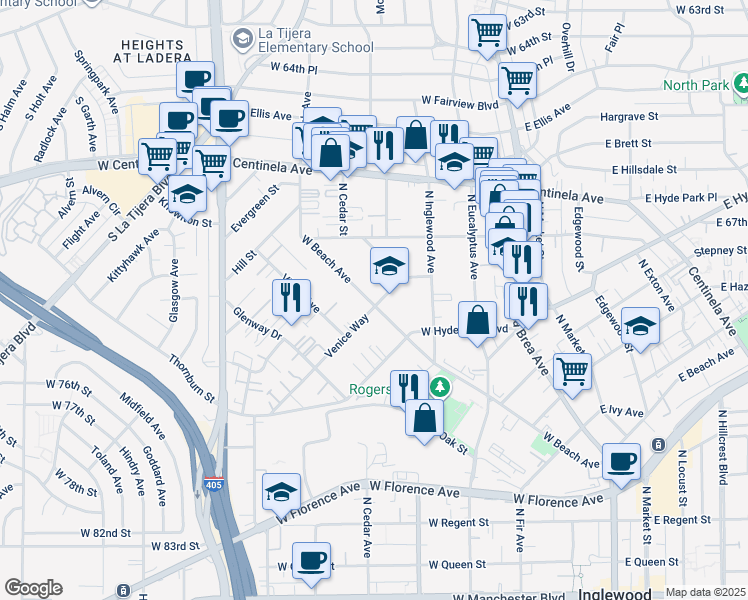 map of restaurants, bars, coffee shops, grocery stores, and more near 498 Venice Way in Inglewood