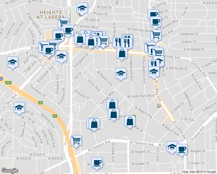 map of restaurants, bars, coffee shops, grocery stores, and more near 815 Victor Avenue in Inglewood