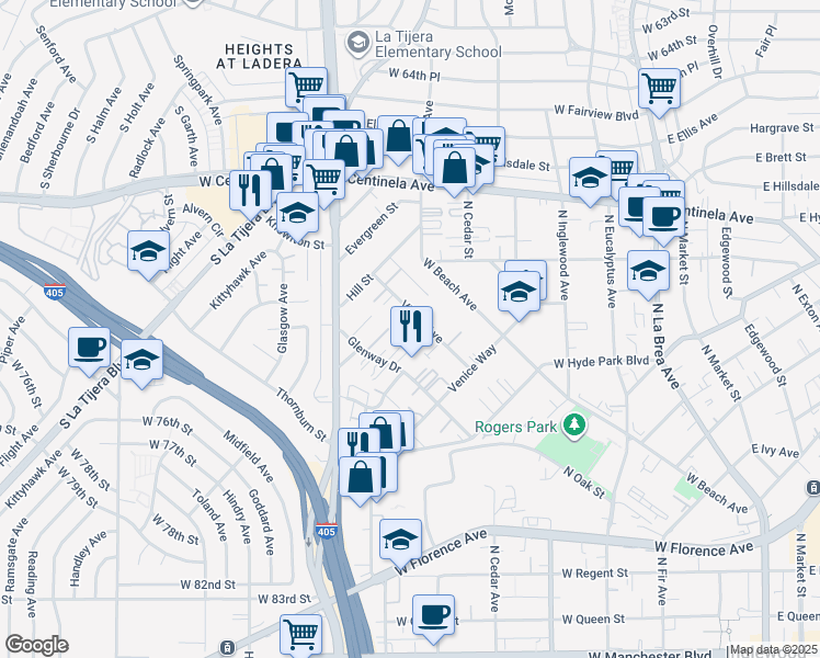 map of restaurants, bars, coffee shops, grocery stores, and more near 868 Victor Avenue in Inglewood