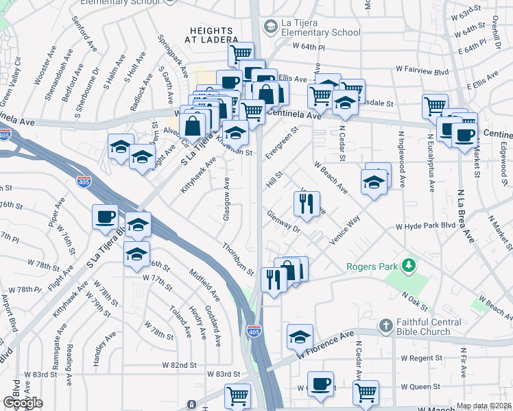 map of restaurants, bars, coffee shops, grocery stores, and more near 7106 Knowlton Place in Los Angeles