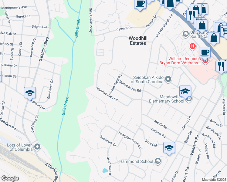 map of restaurants, bars, coffee shops, grocery stores, and more near 6101 Marthas Glen Road in Columbia
