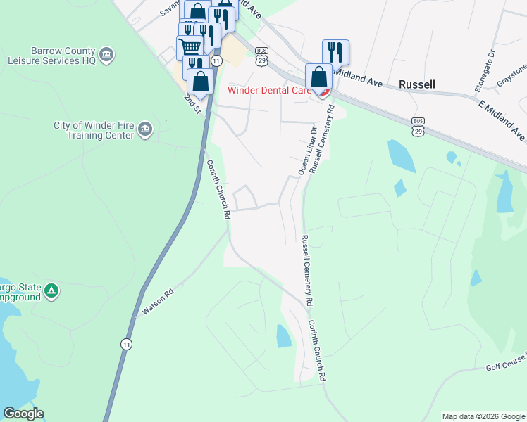 map of restaurants, bars, coffee shops, grocery stores, and more near 379 Searchlight Drive in Winder