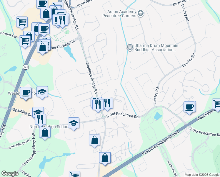 map of restaurants, bars, coffee shops, grocery stores, and more near 3204 Claudia Place in Peachtree Corners