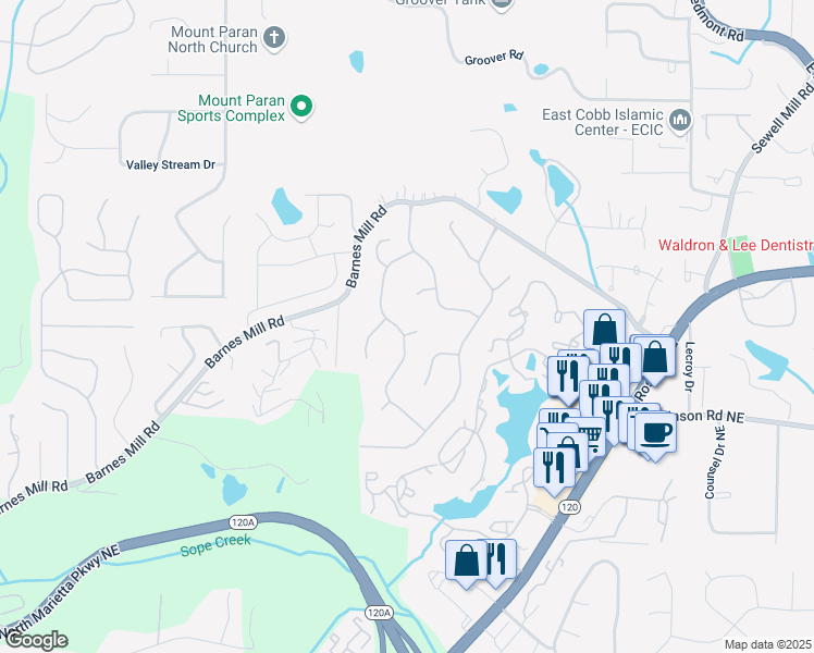 map of restaurants, bars, coffee shops, grocery stores, and more near 915 Chipley Court Northeast in Marietta