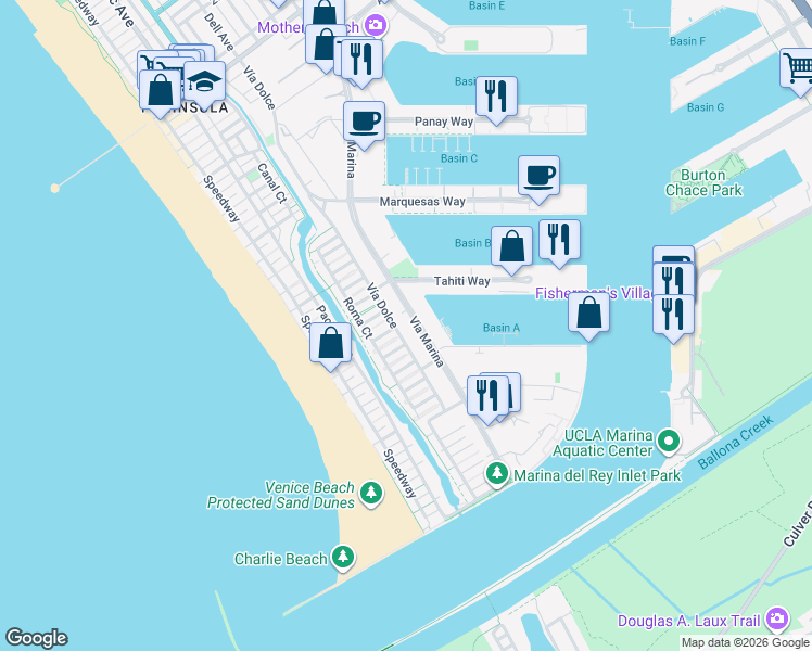 map of restaurants, bars, coffee shops, grocery stores, and more near 4600 Via Dolce in Marina del Rey