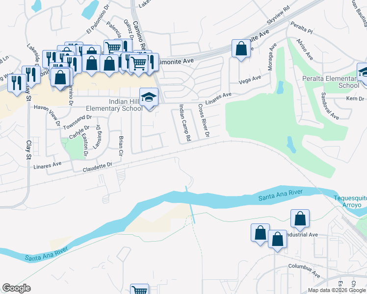 map of restaurants, bars, coffee shops, grocery stores, and more near 7580 Candlelight Drive in Riverside