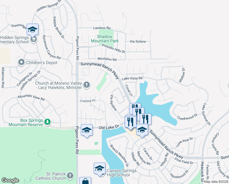 map of restaurants, bars, coffee shops, grocery stores, and more near 10228 Vía Apolina in Moreno Valley