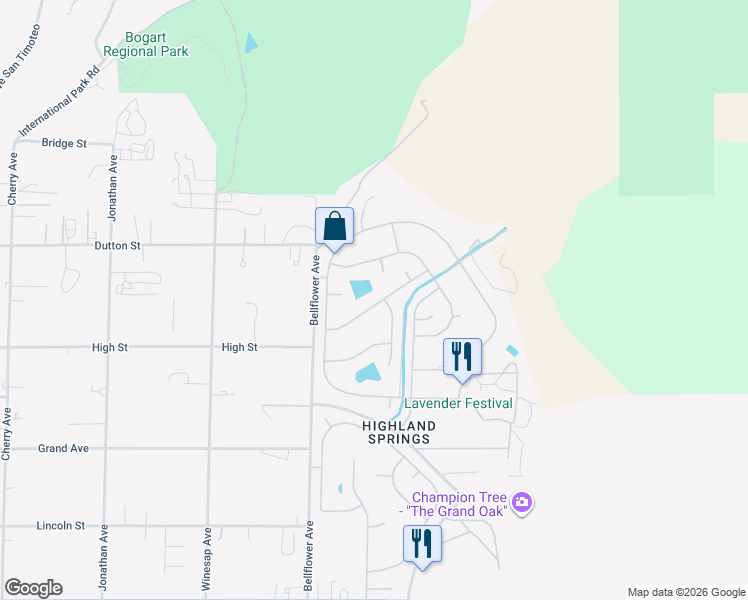 map of restaurants, bars, coffee shops, grocery stores, and more near 40862 Laredo Trail in Cherry Valley