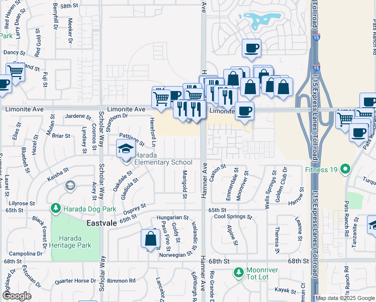 map of restaurants, bars, coffee shops, grocery stores, and more near 6372 Marigold Street in Corona