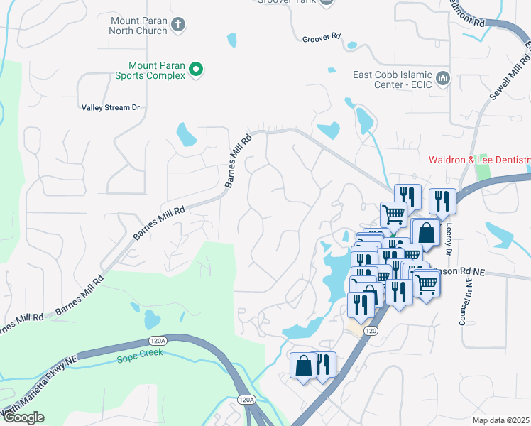 map of restaurants, bars, coffee shops, grocery stores, and more near 915 Chipley Court Northeast in Marietta