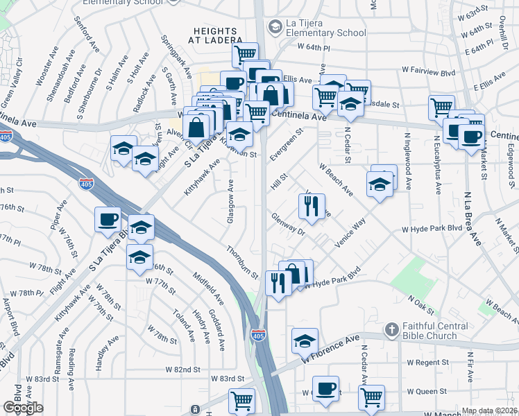 map of restaurants, bars, coffee shops, grocery stores, and more near 7101 South La Cienega Boulevard in Los Angeles