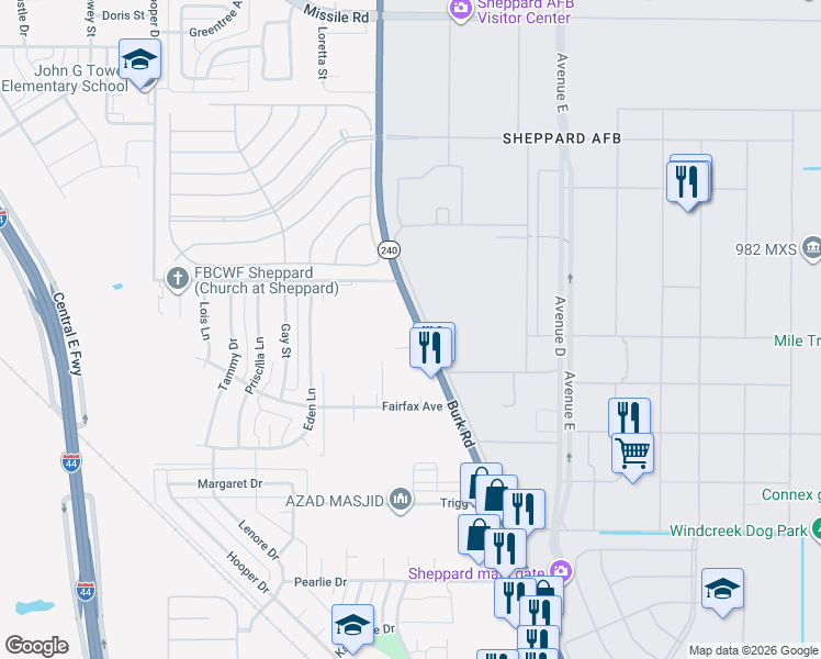 map of restaurants, bars, coffee shops, grocery stores, and more near 4404 Burkburnett Road in Wichita Falls