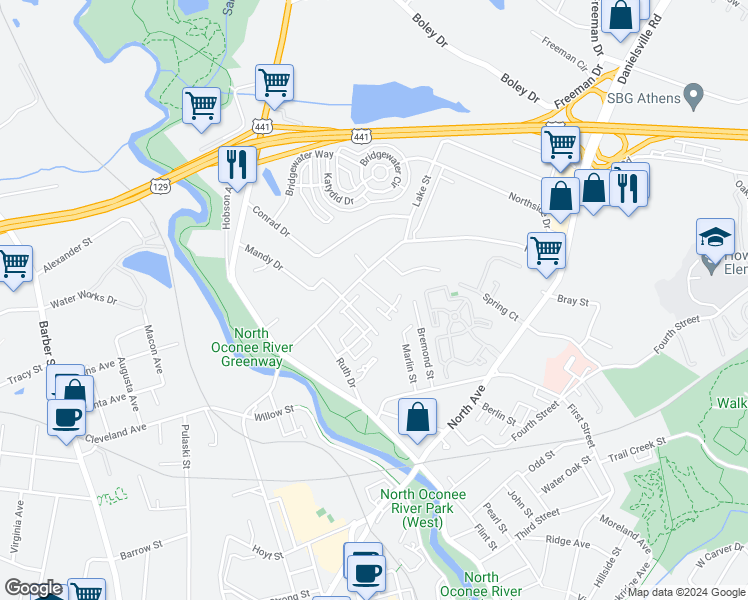 map of restaurants, bars, coffee shops, grocery stores, and more near 150 Jonas Avenue in Athens