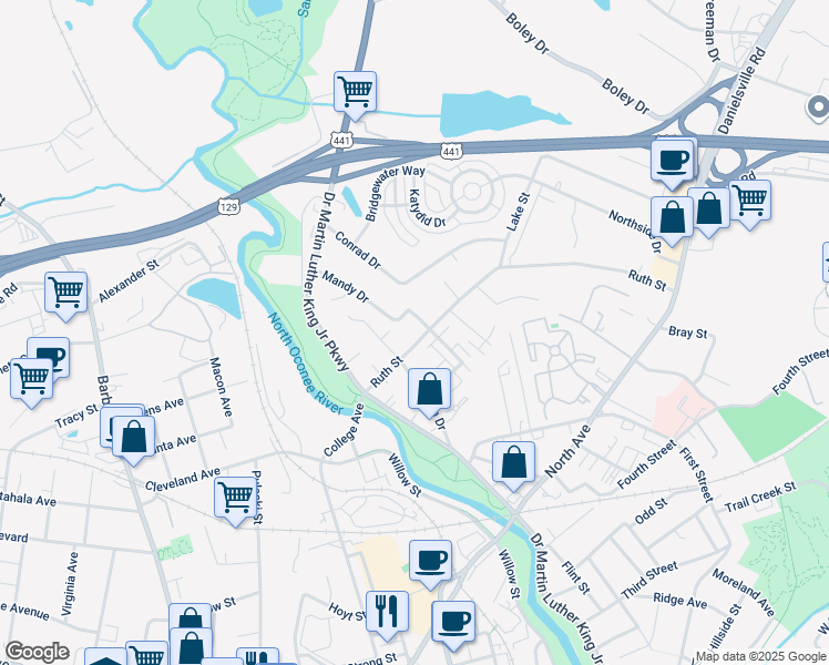 map of restaurants, bars, coffee shops, grocery stores, and more near 237 Ruth Street in Athens