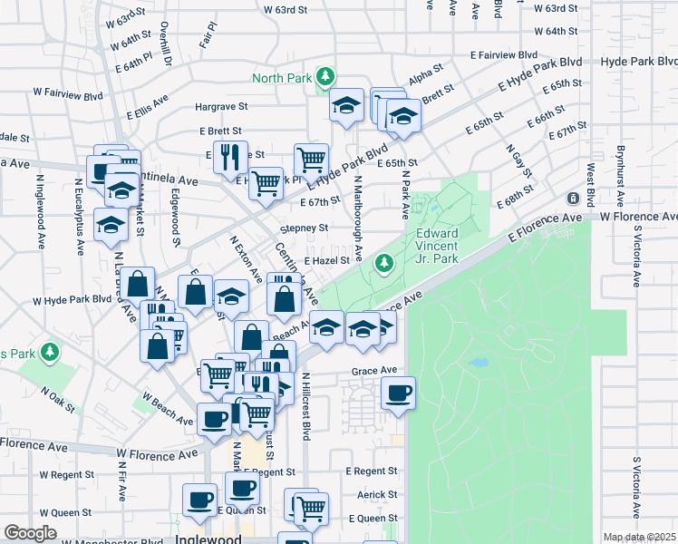 map of restaurants, bars, coffee shops, grocery stores, and more near 535 Warren Lane in Inglewood