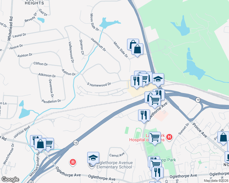 map of restaurants, bars, coffee shops, grocery stores, and more near 145 Magnolia Blossom Way in Athens