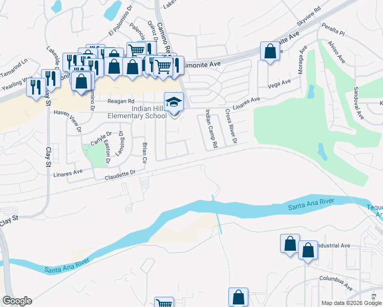 map of restaurants, bars, coffee shops, grocery stores, and more near 6621 Thunder Bay Trail in Riverside