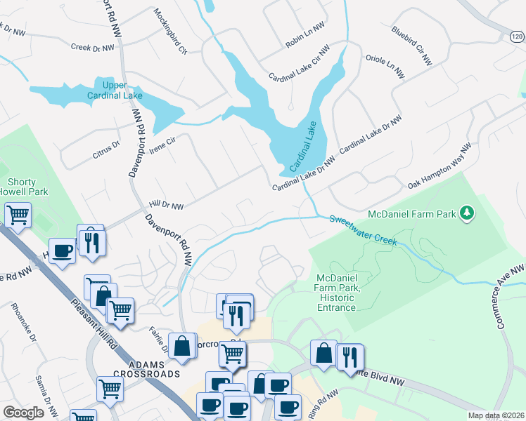 map of restaurants, bars, coffee shops, grocery stores, and more near 3192 Davenport Park Lane in Duluth