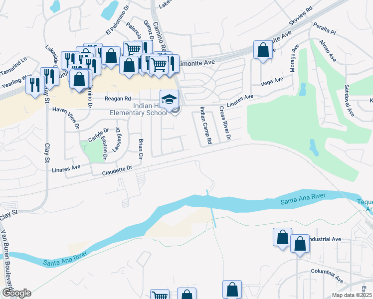 map of restaurants, bars, coffee shops, grocery stores, and more near 6491 Thunder Bay Trail in Riverside