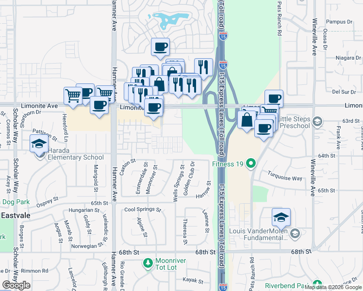 map of restaurants, bars, coffee shops, grocery stores, and more near 6388 Planetary Road in Eastvale